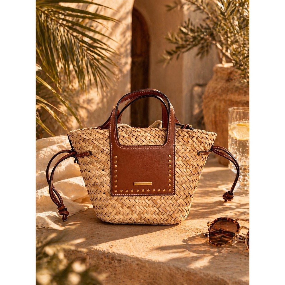 HOUSE OF HARLOW 1960 Women's Straw Tote Bag Studded Faux Leather Trim Top Handle - Picture 3 of 12